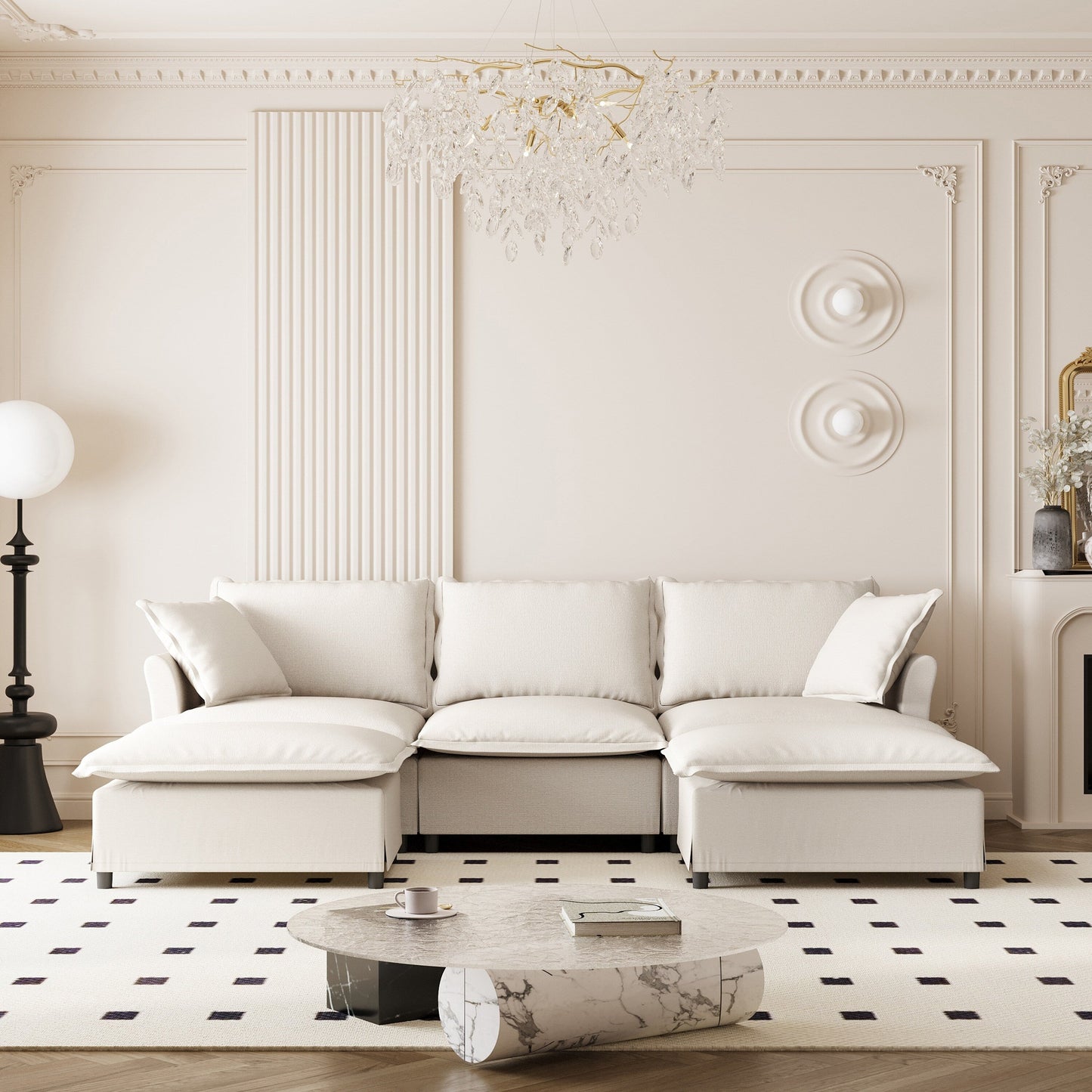 Divano componibile in ciniglia con pouf, divano letto a forma di U con cuscini, combinazione libera, divano modulare imbottito a 5 posti