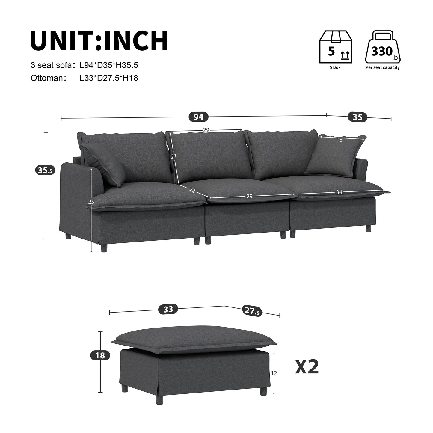 Divano componibile in ciniglia con pouf, divano letto a forma di U con cuscini, combinazione libera, divano modulare imbottito a 5 posti