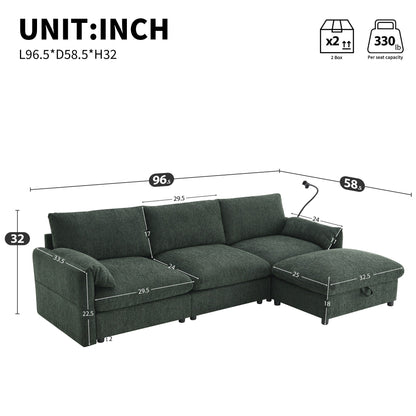 Divano componibile in ciniglia con pouf contenitore e tasche, porta telefono regolabile, seduta ampia, set divano a L con caricabatterie USB