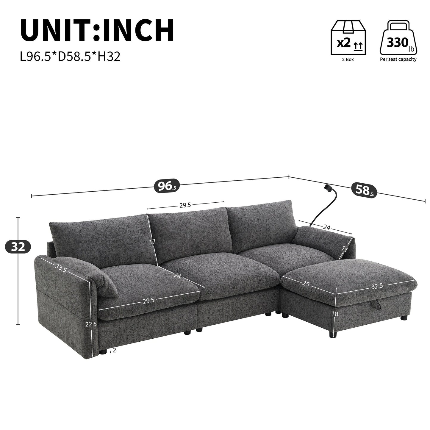 Divano componibile in ciniglia con pouf contenitore e tasche, porta telefono regolabile, seduta ampia, set divano a L con caricabatterie USB