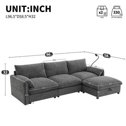 Divano componibile in ciniglia con pouf contenitore e tasche, porta telefono regolabile, seduta ampia, set divano a L con caricabatterie USB