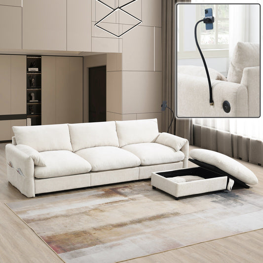 Divano componibile in ciniglia con pouf contenitore e tasche, porta telefono regolabile, seduta ampia, set divano a L con caricabatterie USB