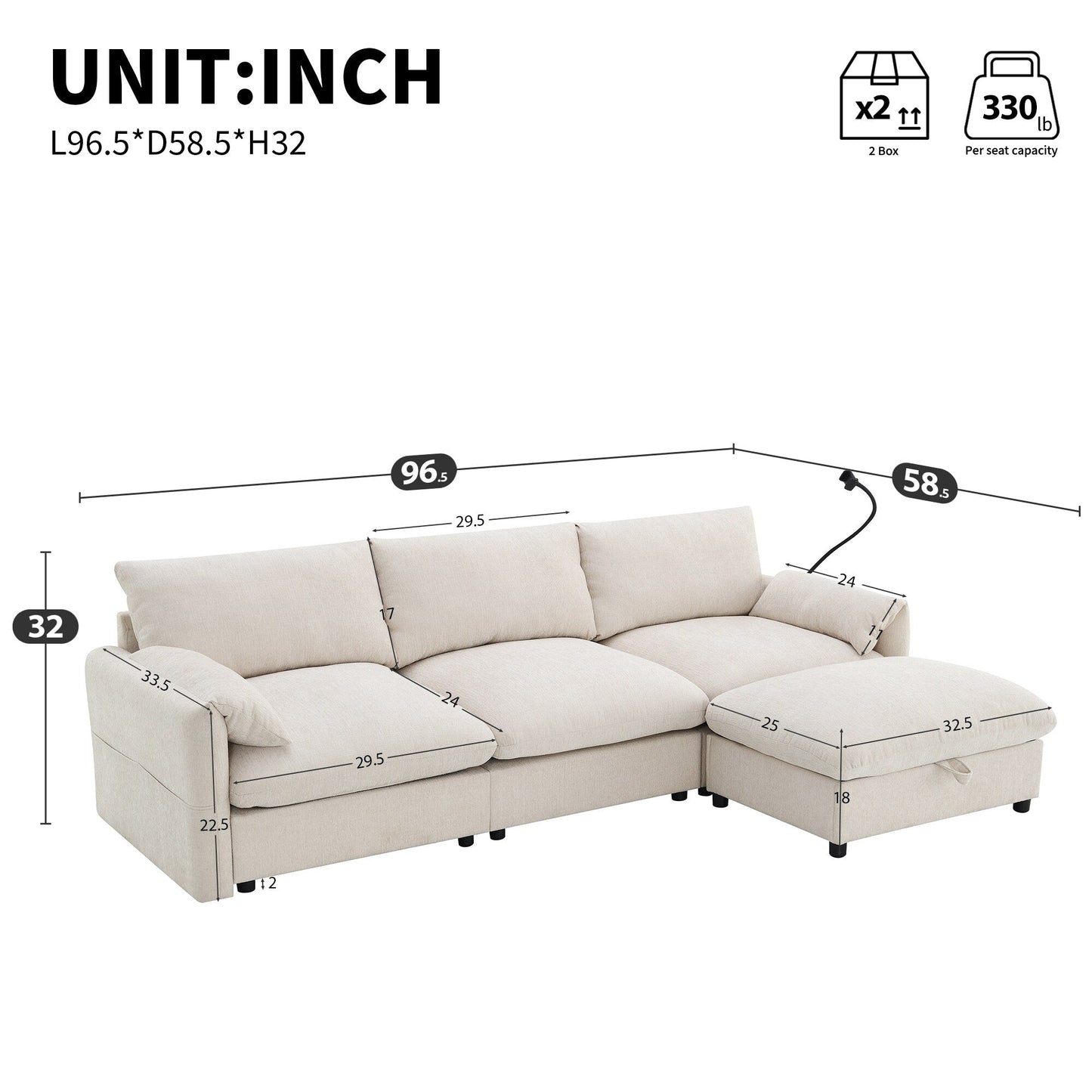Divano componibile in ciniglia con pouf contenitore e tasche, porta telefono regolabile, seduta ampia, set divano a L con caricabatterie USB