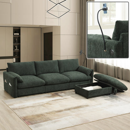 Divano componibile in ciniglia con pouf contenitore e tasche, porta telefono regolabile, seduta ampia, set divano a L con caricabatterie USB