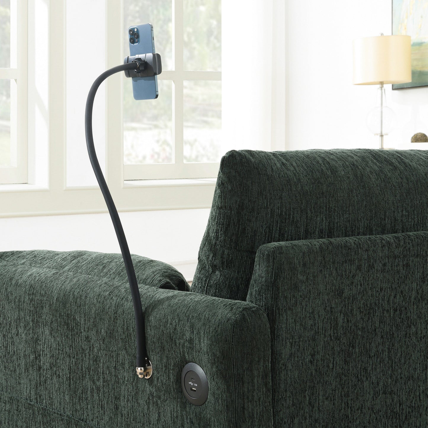 Divano componibile in ciniglia con pouf contenitore e tasche, porta telefono regolabile, seduta ampia, set divano a L con caricabatterie USB