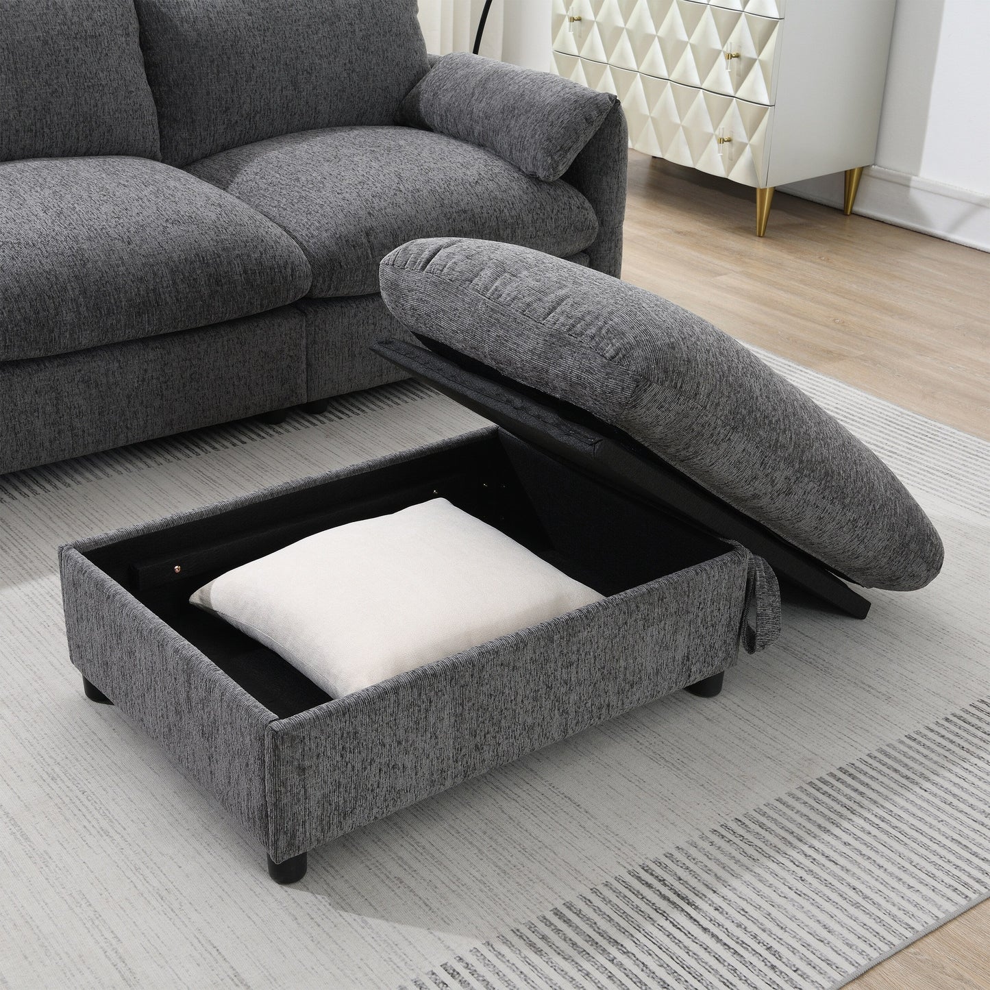 Divano componibile in ciniglia con pouf contenitore e tasche, porta telefono regolabile, seduta ampia, set divano a L con caricabatterie USB