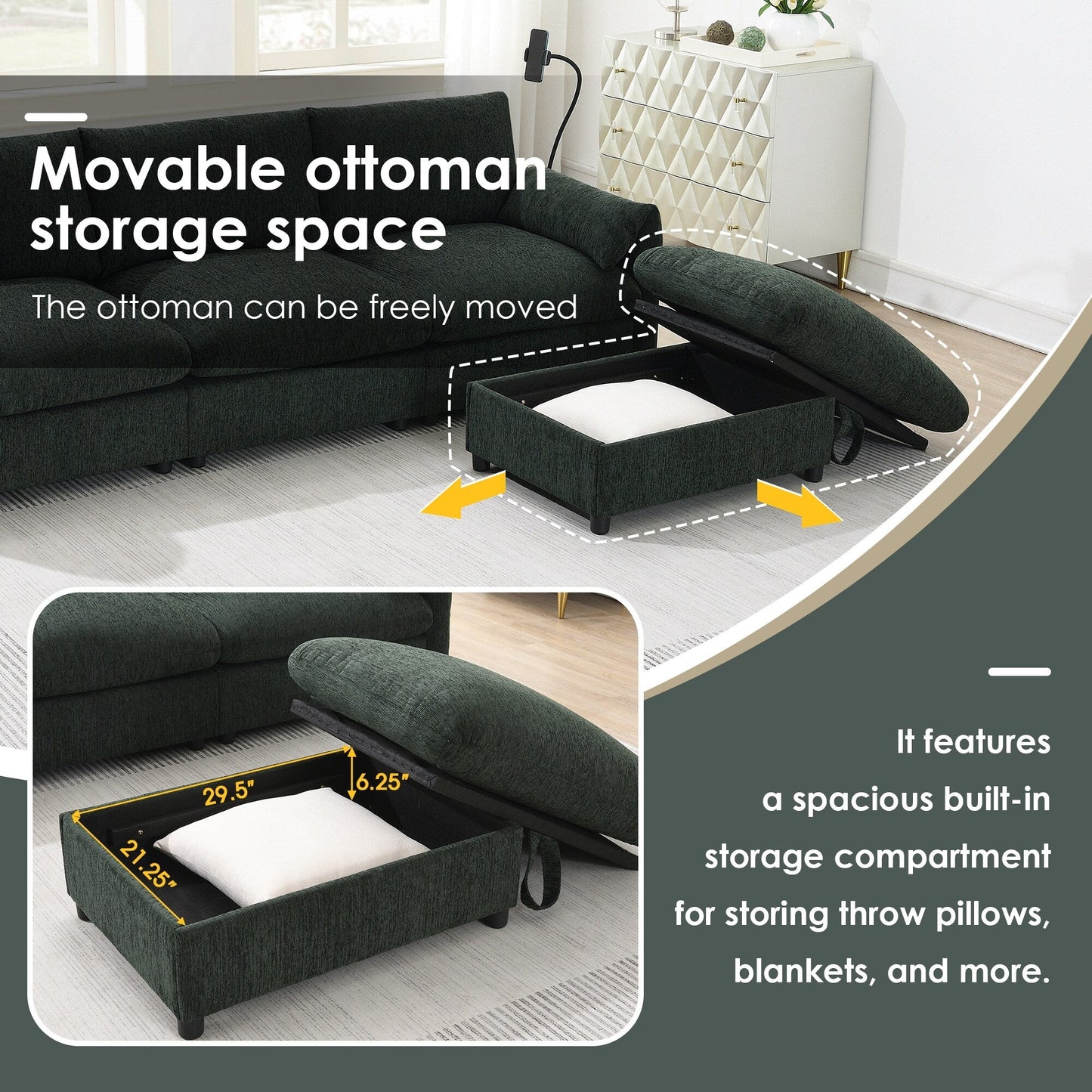 Divano componibile in ciniglia con pouf contenitore e tasche, porta telefono regolabile, seduta ampia, set divano a L con caricabatterie USB