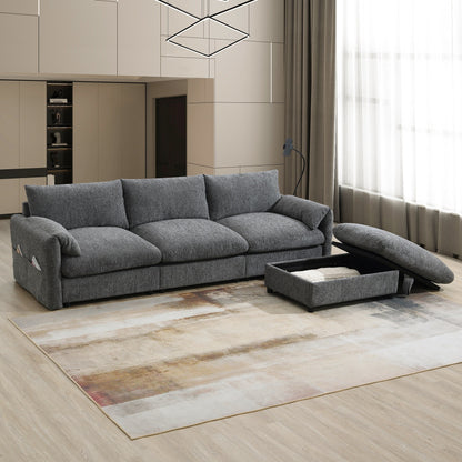 Divano componibile in ciniglia con pouf contenitore e tasche, porta telefono regolabile, seduta ampia, set divano a L con caricabatterie USB