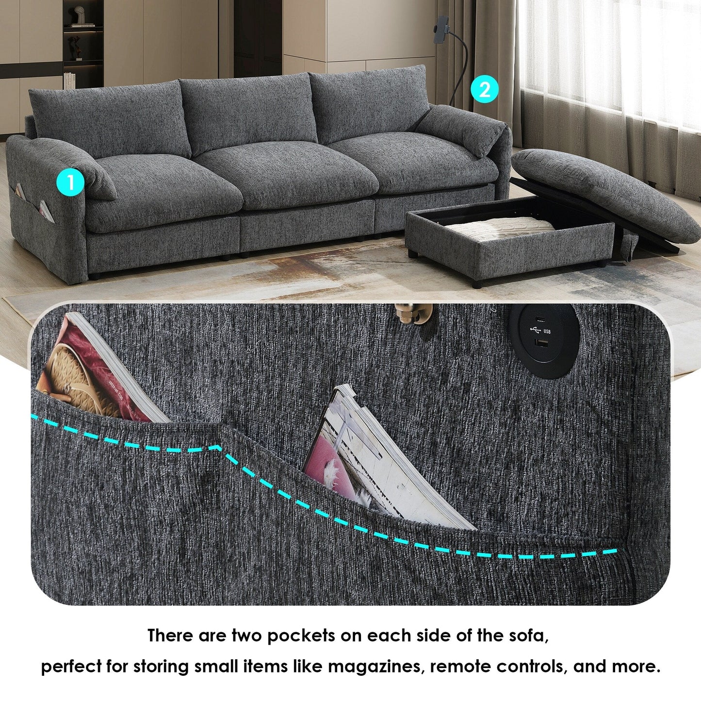 Divano componibile in ciniglia con pouf contenitore e tasche, porta telefono regolabile, seduta ampia, set divano a L con caricabatterie USB