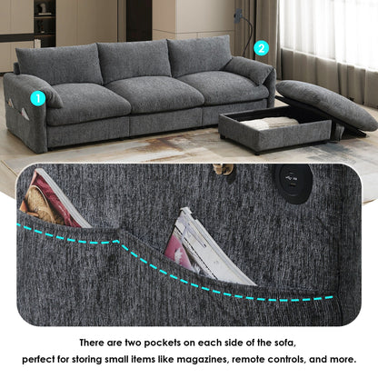 Divano componibile in ciniglia con pouf contenitore e tasche, porta telefono regolabile, seduta ampia, set divano a L con caricabatterie USB