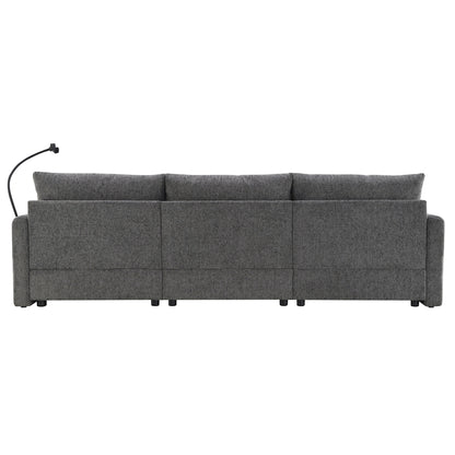 Divano componibile in ciniglia con pouf contenitore e tasche, porta telefono regolabile, seduta ampia, set divano a L con caricabatterie USB