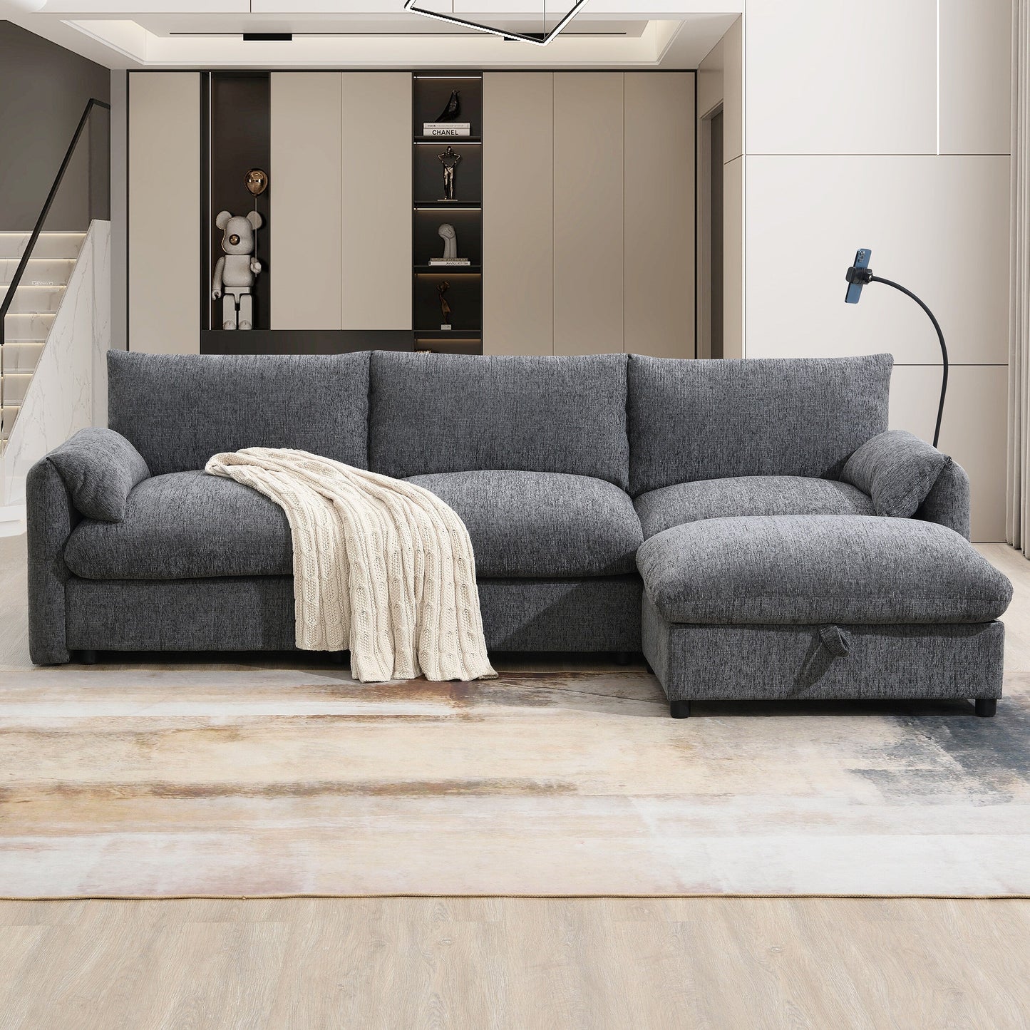 Divano componibile in ciniglia con pouf contenitore e tasche, porta telefono regolabile, seduta ampia, set divano a L con caricabatterie USB