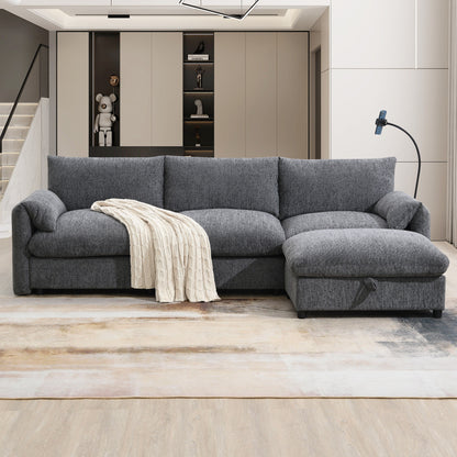 Divano componibile in ciniglia con pouf contenitore e tasche, porta telefono regolabile, seduta ampia, set divano a L con caricabatterie USB
