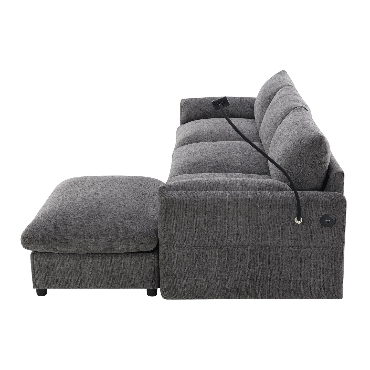 Divano componibile in ciniglia con pouf contenitore e tasche, porta telefono regolabile, seduta ampia, set divano a L con caricabatterie USB