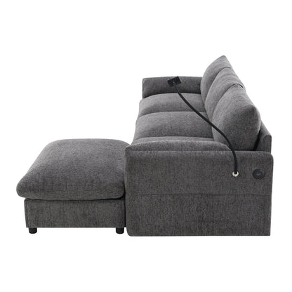 Divano componibile in ciniglia con pouf contenitore e tasche, porta telefono regolabile, seduta ampia, set divano a L con caricabatterie USB