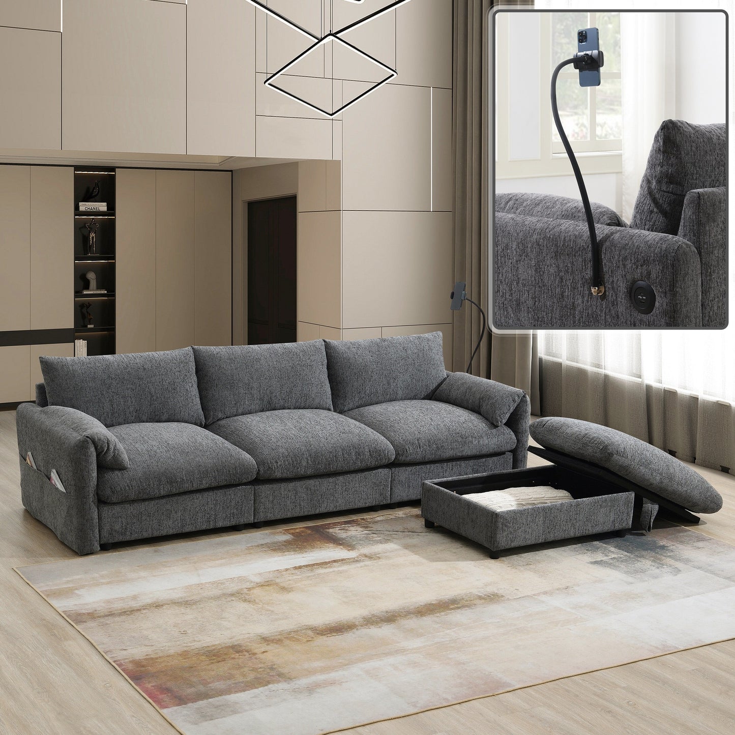 Divano componibile in ciniglia con pouf contenitore e tasche, porta telefono regolabile, seduta ampia, set divano a L con caricabatterie USB