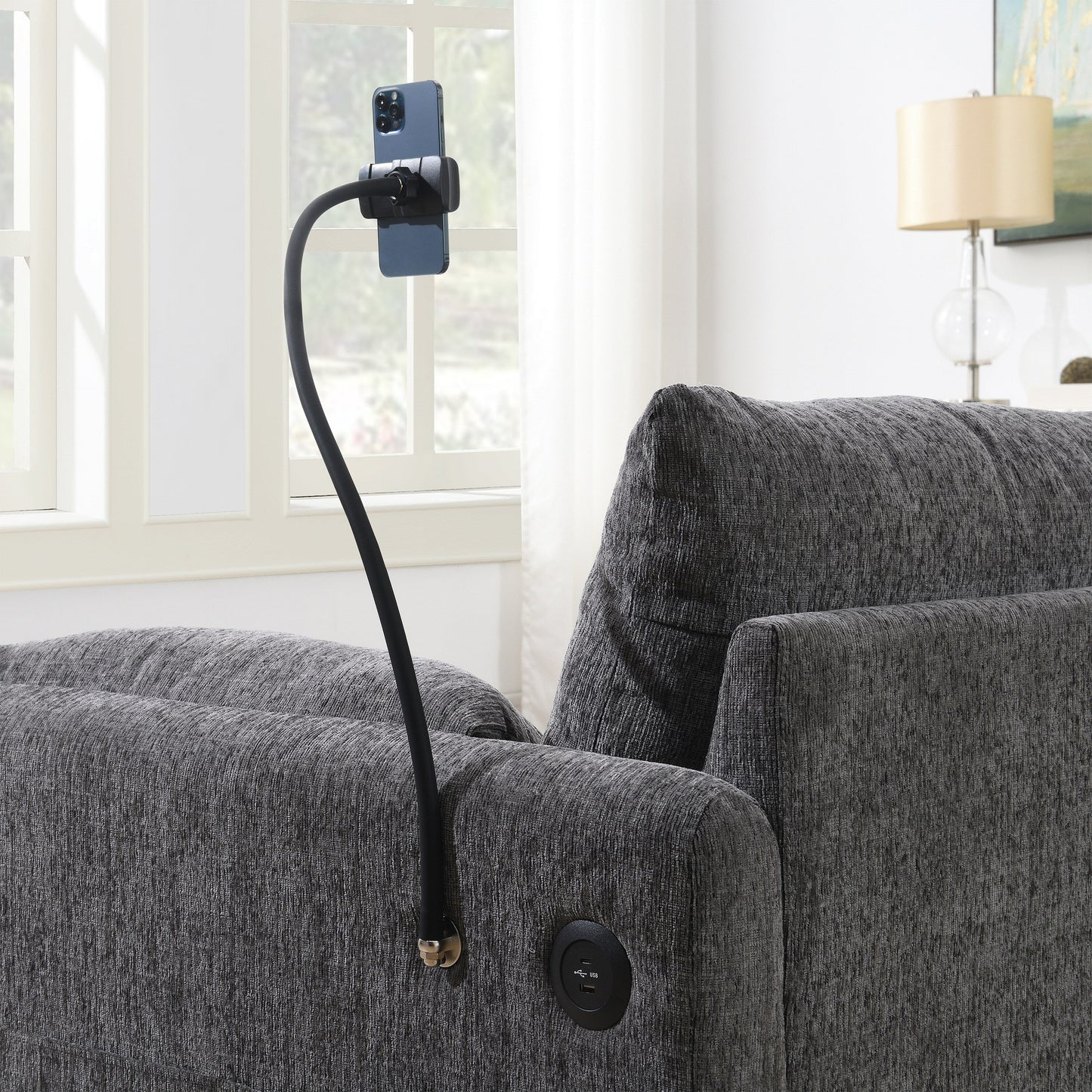 Divano componibile in ciniglia con pouf contenitore e tasche, porta telefono regolabile, seduta ampia, set divano a L con caricabatterie USB