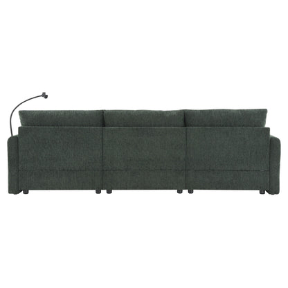Divano componibile in ciniglia con pouf contenitore e tasche, porta telefono regolabile, seduta ampia, set divano a L con caricabatterie USB