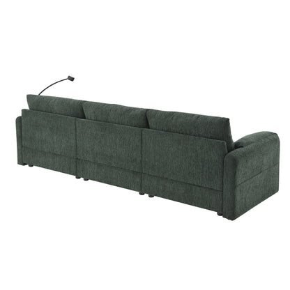 Divano componibile in ciniglia con pouf contenitore e tasche, porta telefono regolabile, seduta ampia, set divano a L con caricabatterie USB