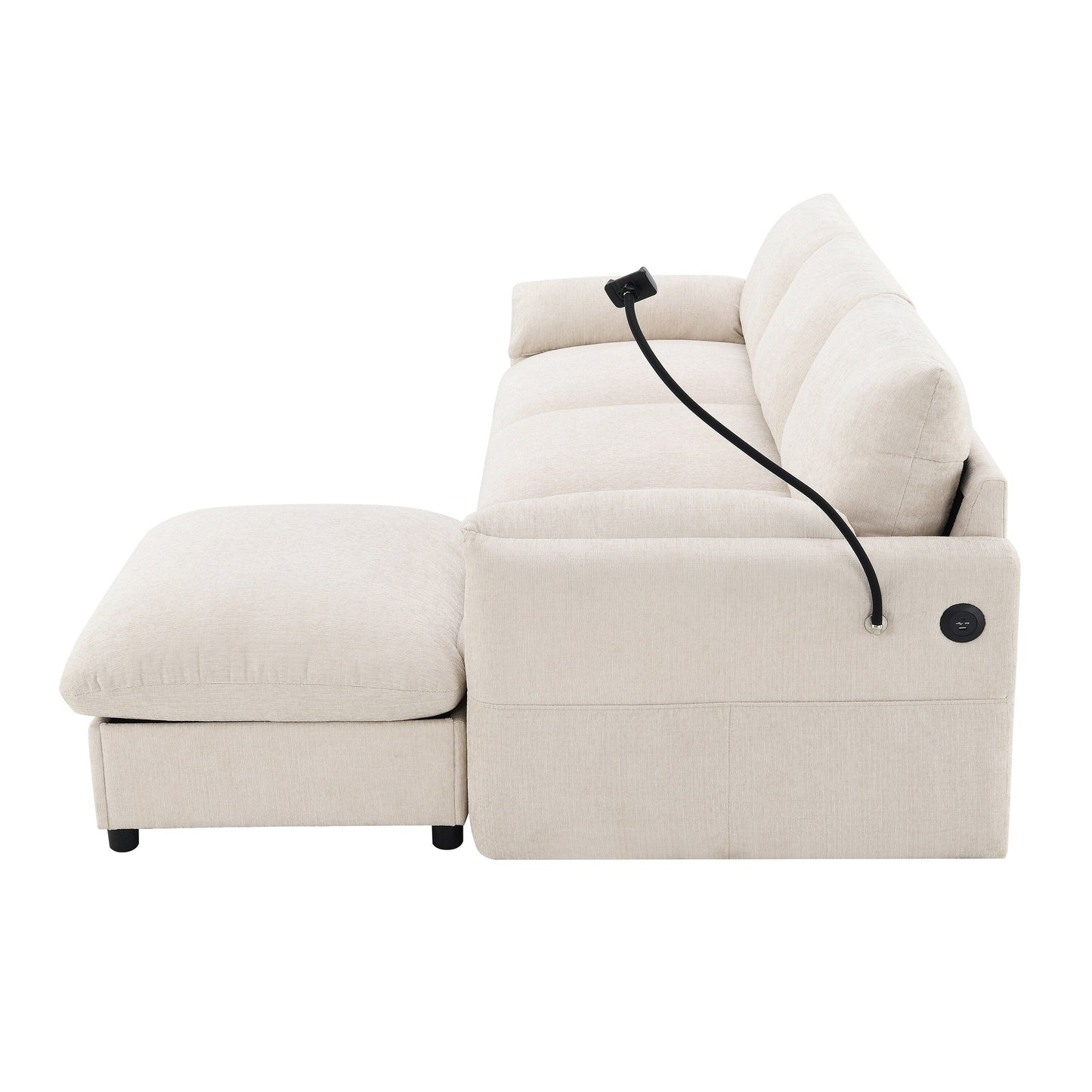 Divano componibile in ciniglia con pouf contenitore e tasche, porta telefono regolabile, seduta ampia, set divano a L con caricabatterie USB