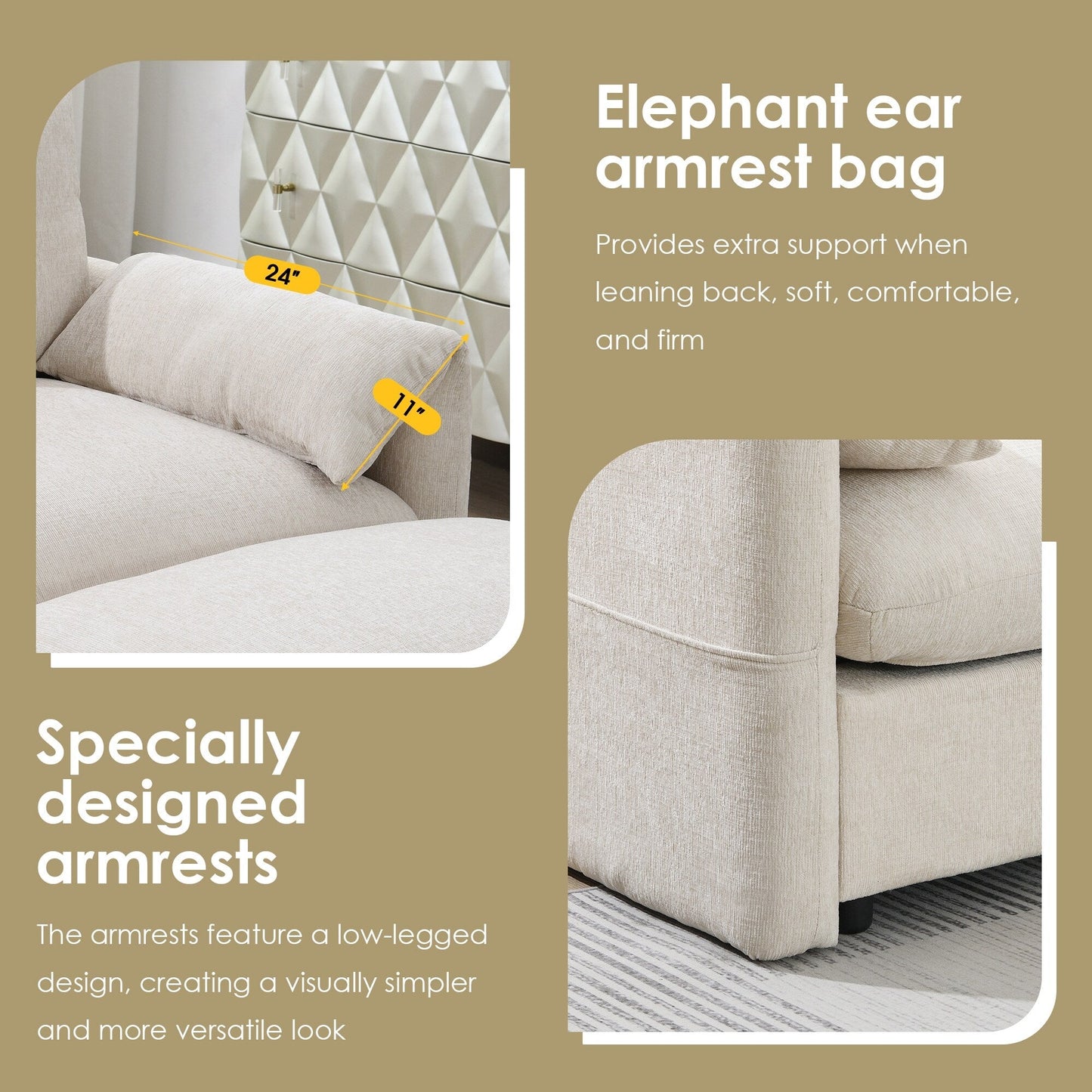 Divano componibile in ciniglia con pouf contenitore e tasche, porta telefono regolabile, seduta ampia, set divano a L con caricabatterie USB