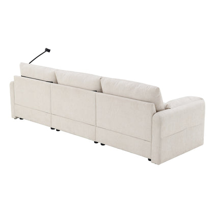 Divano componibile in ciniglia con pouf contenitore e tasche, porta telefono regolabile, seduta ampia, set divano a L con caricabatterie USB