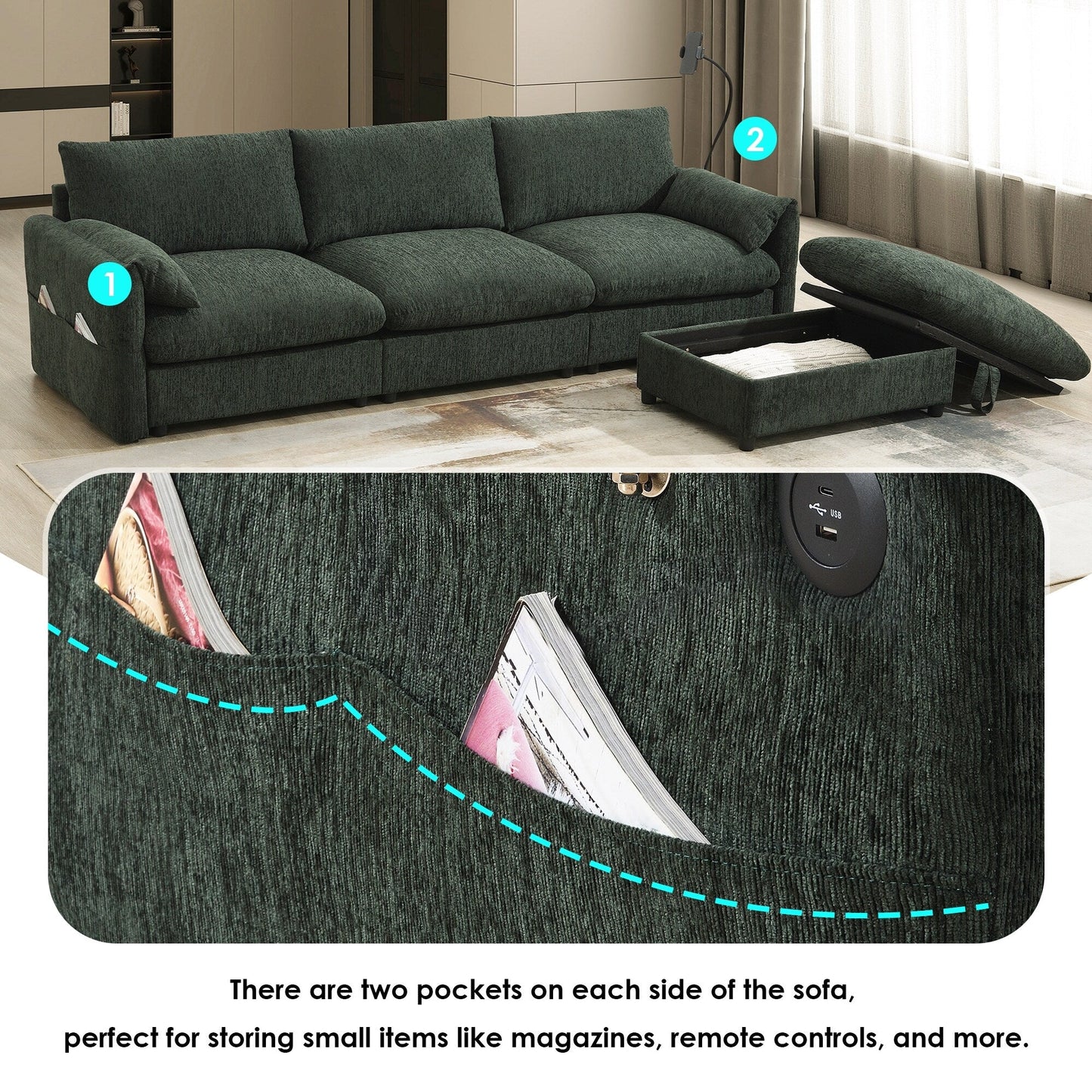 Divano componibile in ciniglia con pouf contenitore e tasche, porta telefono regolabile, seduta ampia, set divano a L con caricabatterie USB