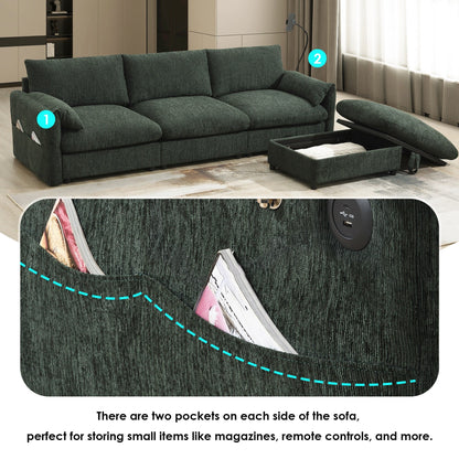 Divano componibile in ciniglia con pouf contenitore e tasche, porta telefono regolabile, seduta ampia, set divano a L con caricabatterie USB