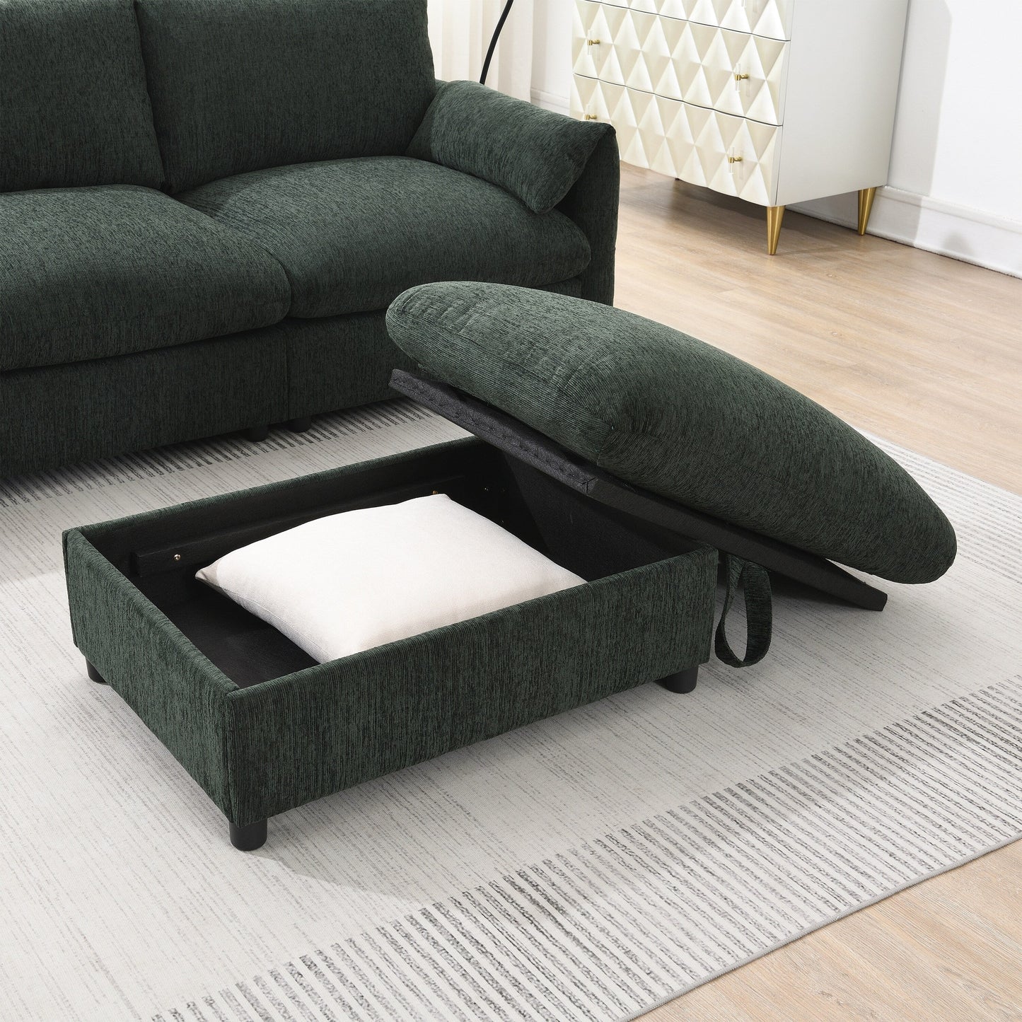 Divano componibile in ciniglia con pouf contenitore e tasche, porta telefono regolabile, seduta ampia, set divano a L con caricabatterie USB