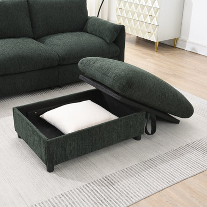 Divano componibile in ciniglia con pouf contenitore e tasche, porta telefono regolabile, seduta ampia, set divano a L con caricabatterie USB