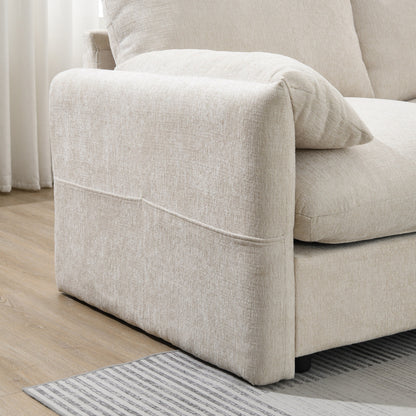 Divano componibile in ciniglia con pouf contenitore e tasche, porta telefono regolabile, seduta ampia, set divano a L con caricabatterie USB