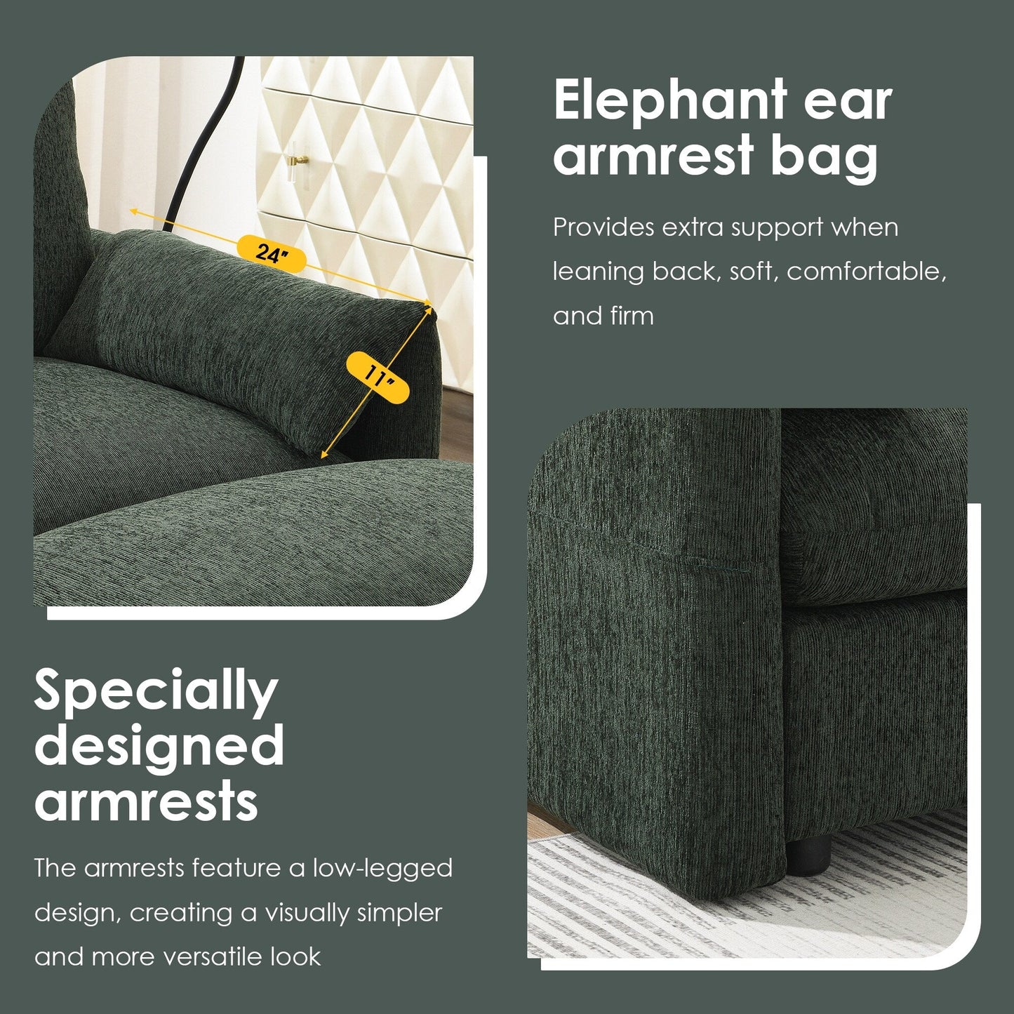 Divano componibile in ciniglia con pouf contenitore e tasche, porta telefono regolabile, seduta ampia, set divano a L con caricabatterie USB