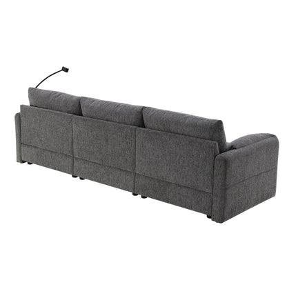 Divano componibile in ciniglia con pouf contenitore e tasche, porta telefono regolabile, seduta ampia, set divano a L con caricabatterie USB