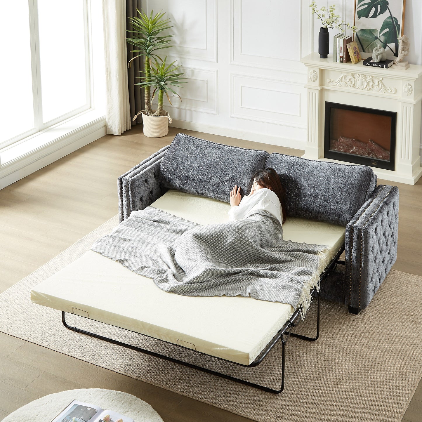 Divano letto in ciniglia con materasso in memory foam
