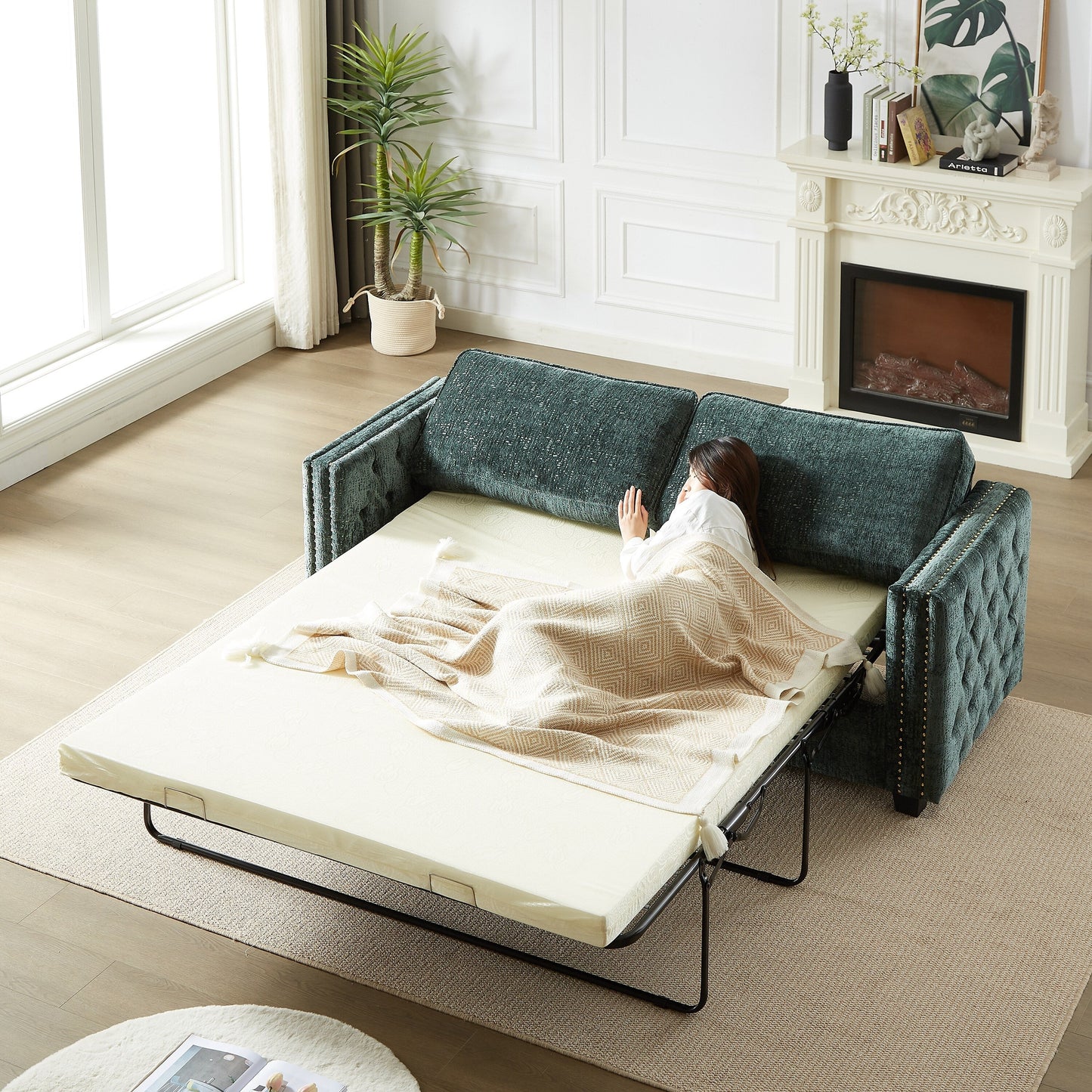 Divano letto in ciniglia con materasso in memory foam