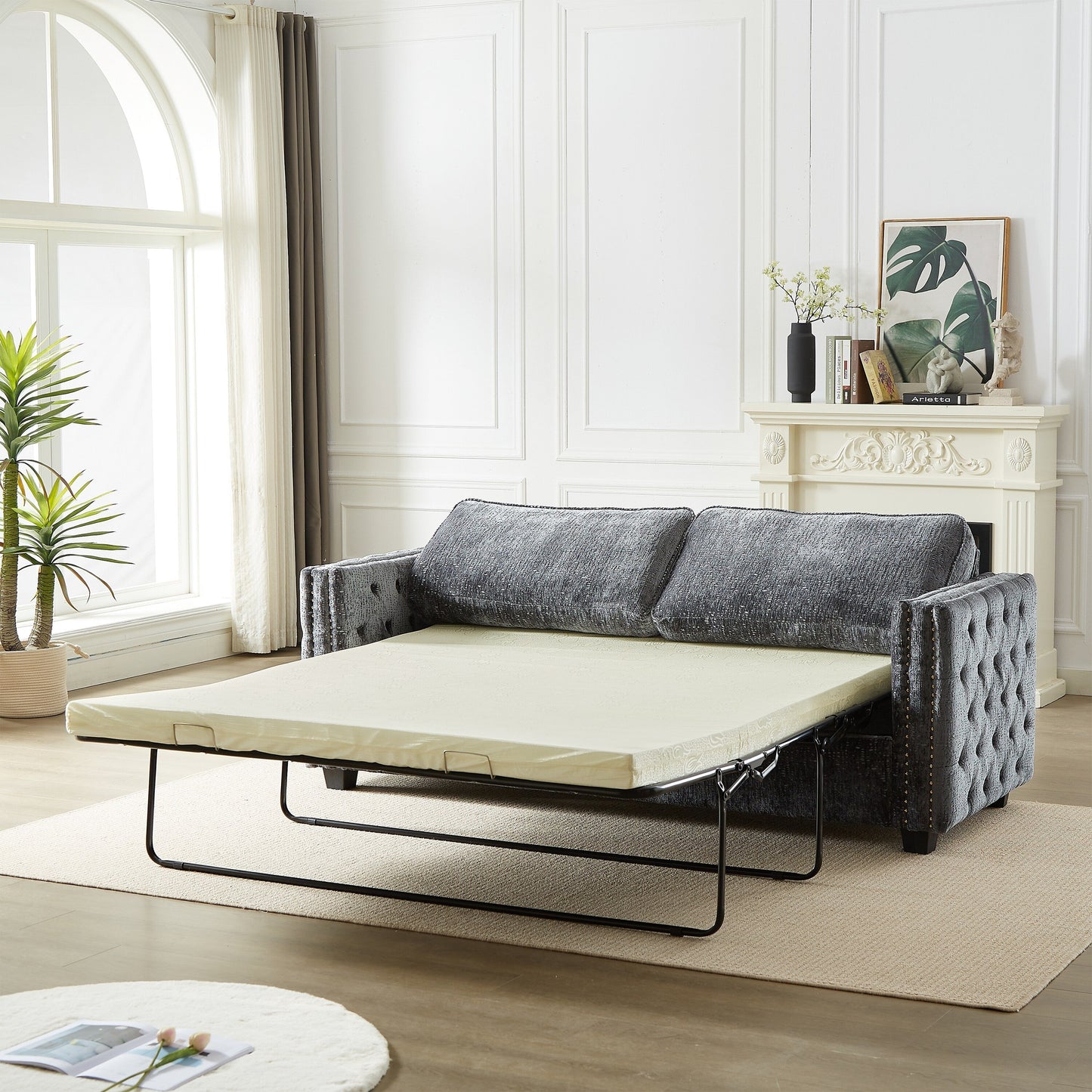 Divano letto in ciniglia con materasso in memory foam