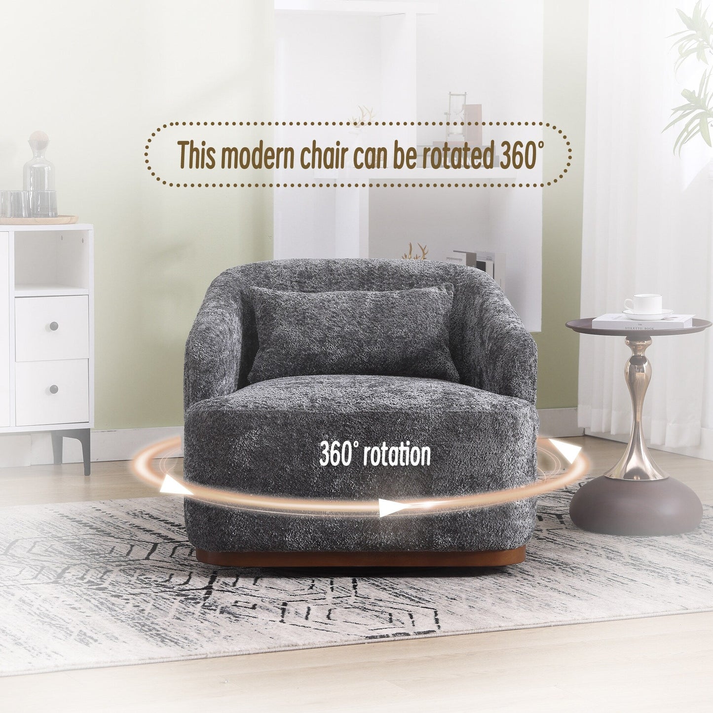 Poltrona girevole in ciniglia, comodo divano decorativo a 360 gradi per soggiorno, camera da letto e studio con cuscino rimovibile