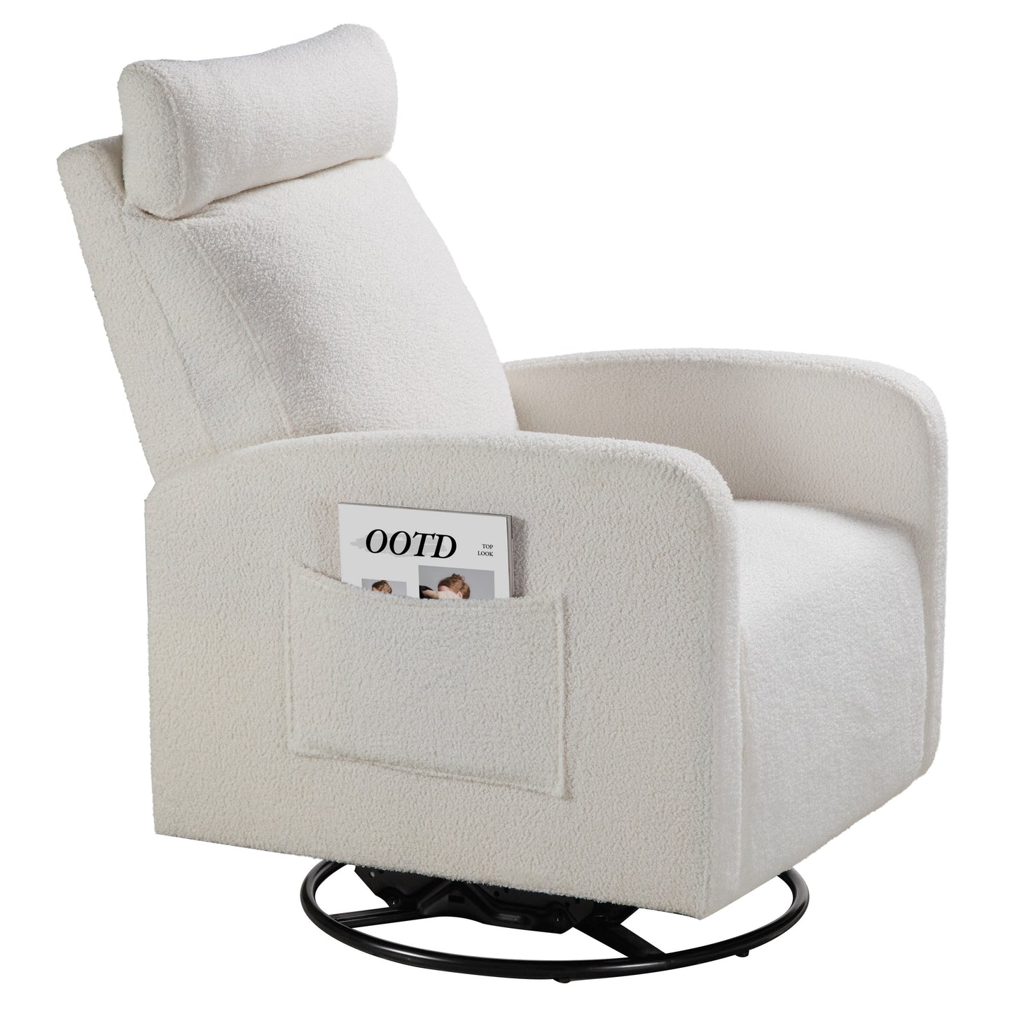 Poltrona reclinabile manuale girevole a 360° con rivestimento in ciniglia, cuscino spesso e tasche laterali