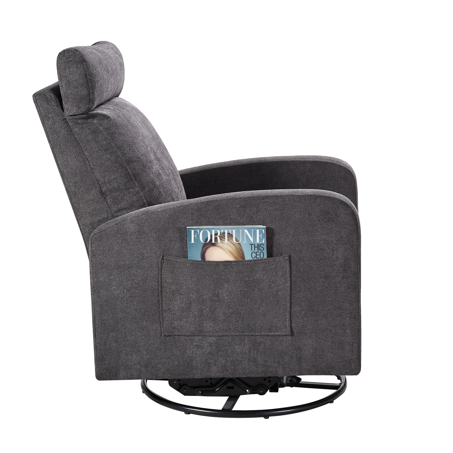Poltrona reclinabile manuale girevole a 360° con rivestimento in ciniglia, cuscino spesso e tasche laterali