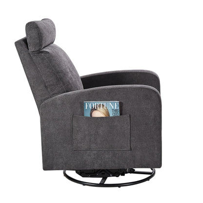 Poltrona reclinabile manuale girevole a 360° con rivestimento in ciniglia, cuscino spesso e tasche laterali