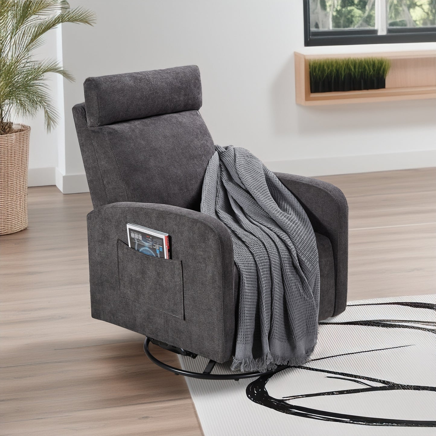 Poltrona reclinabile manuale girevole a 360° con rivestimento in ciniglia, cuscino spesso e tasche laterali
