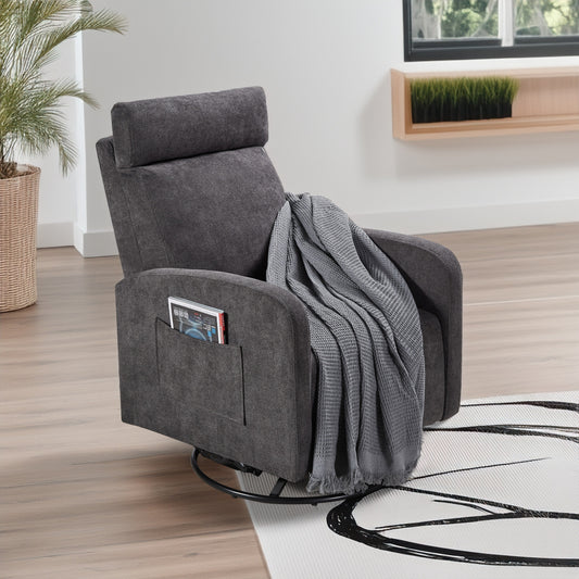 Poltrona reclinabile manuale girevole a 360° con rivestimento in ciniglia, cuscino spesso e tasche laterali