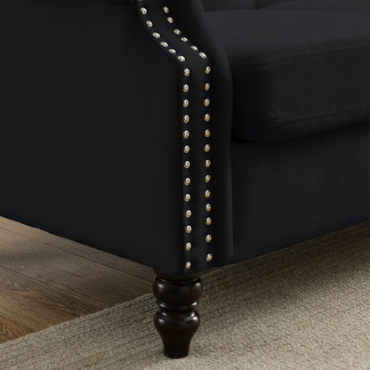 Divano Chesterfield imbottito a 3 posti con braccioli arrotolati e borchie