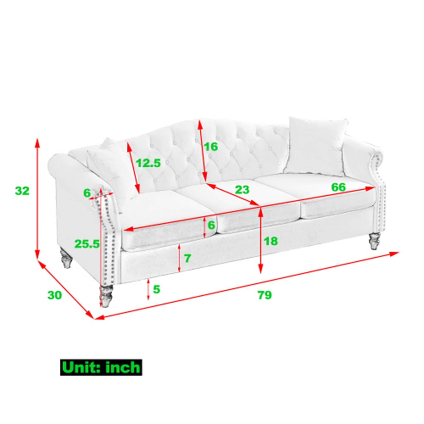 Divano Chesterfield imbottito a 3 posti con braccioli arrotolati e borchie