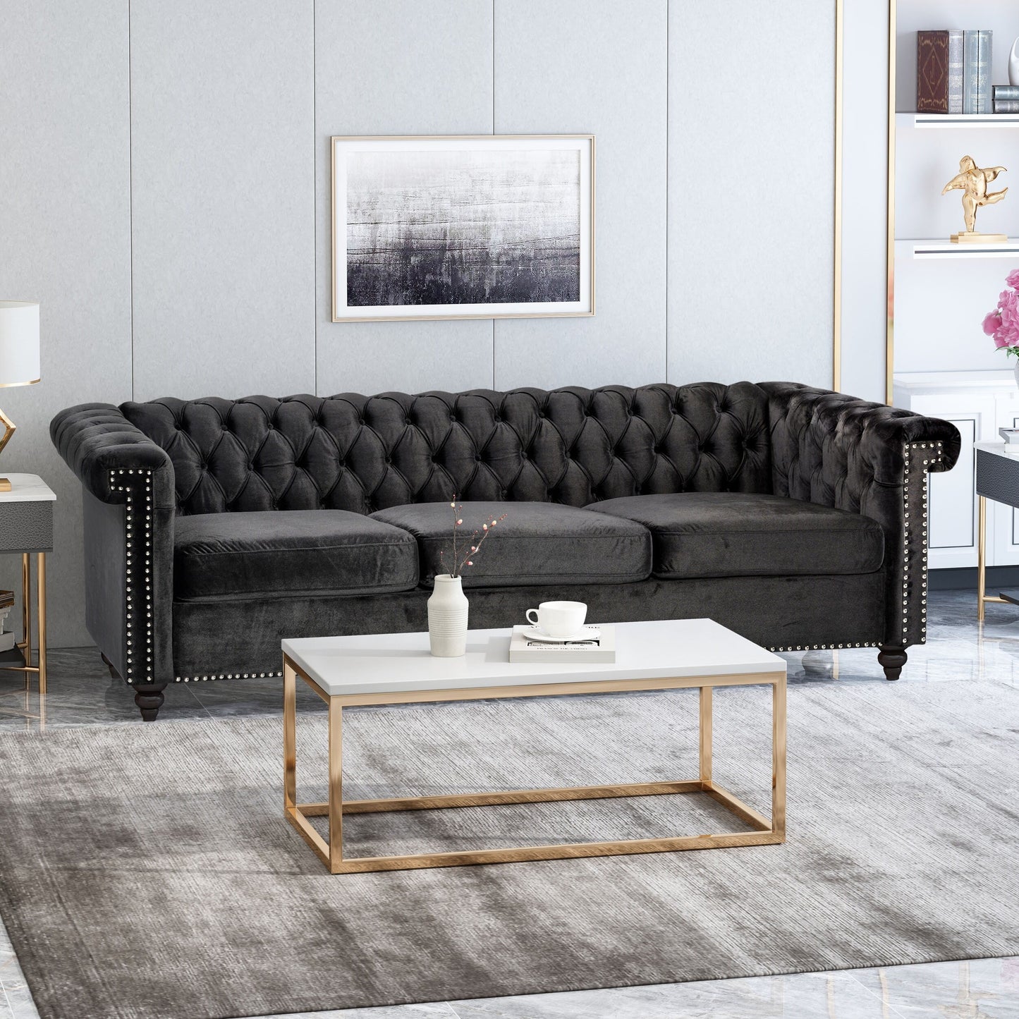 Divano Chesterfield a 3 posti con capitonné e borchie