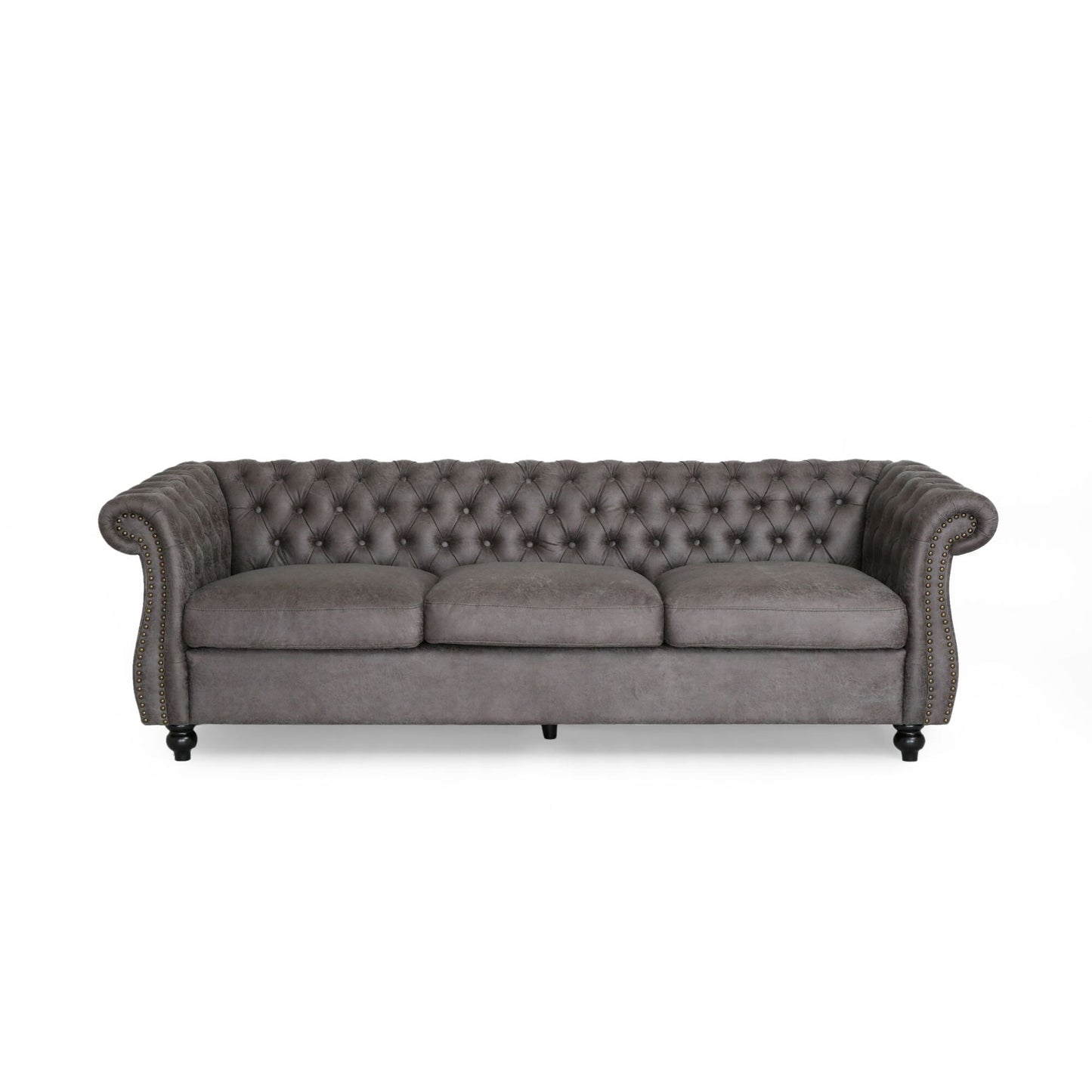 Divano Chesterfield 84.75 imbottito a 3 posti con bottoni, borchie e gambe in legno per soggiorno