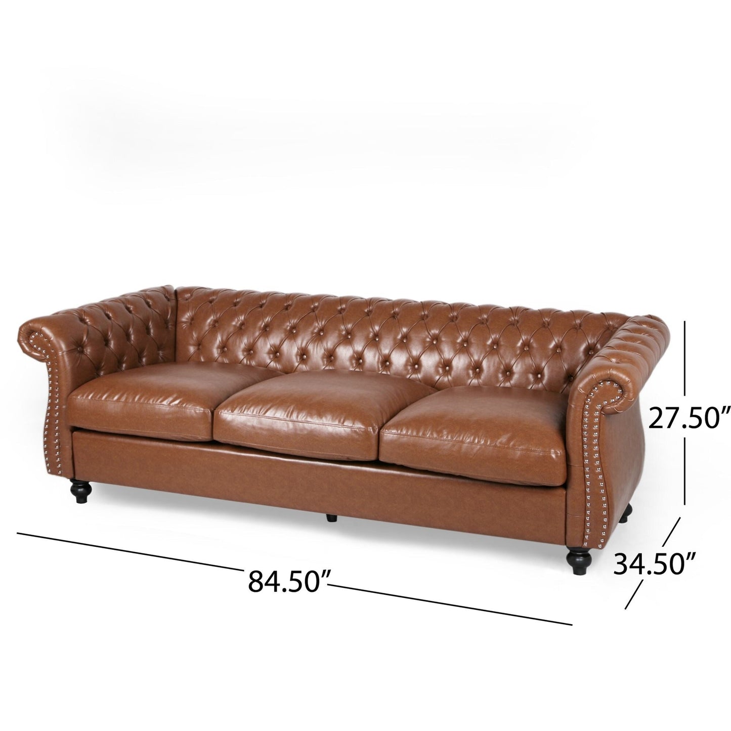 Divano Chesterfield 84.75 imbottito a 3 posti con bottoni, borchie e gambe in legno per soggiorno