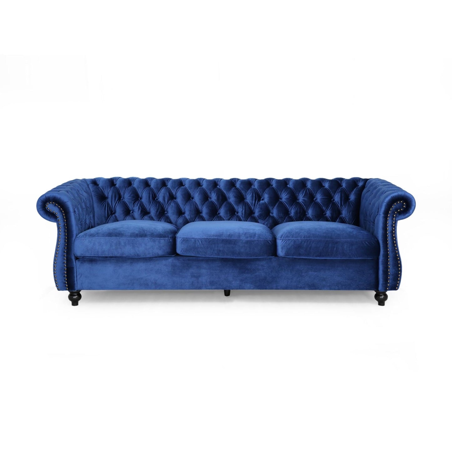 Divano Chesterfield 84.75 imbottito a 3 posti con bottoni, borchie e gambe in legno per soggiorno
