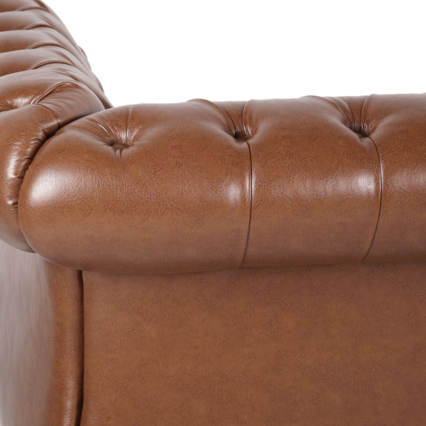 Divano Chesterfield 84.75 imbottito a 3 posti con bottoni, borchie e gambe in legno per soggiorno