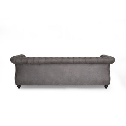 Divano Chesterfield 84.75 imbottito a 3 posti con bottoni, borchie e gambe in legno per soggiorno
